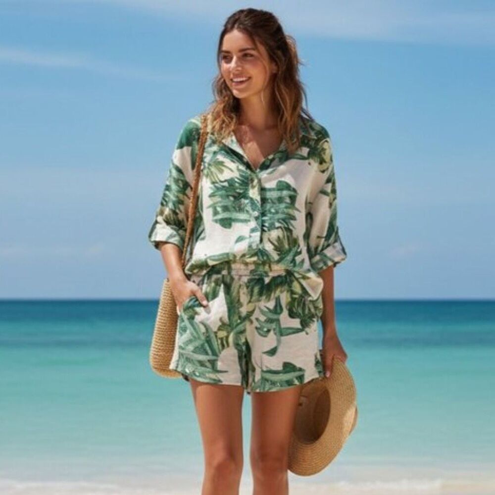 Italian Linen 2 Piece Outfit Womens XL Tropical Leaf Hawaiian Puro Lino Set